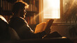 A person reading a book in a sunbeam with a peaceful and contented smile.
