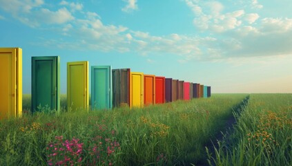 Wall Mural - Colourful doors in a green field at sky