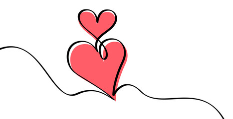 Wall Mural - two pink hearts continuous wavy line art drawing on white background.