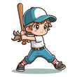 © lartestudio - Happy cute little girl playing baseball softball in action cartoon vector illustration, hitter swinging with bat design template isolated on white background