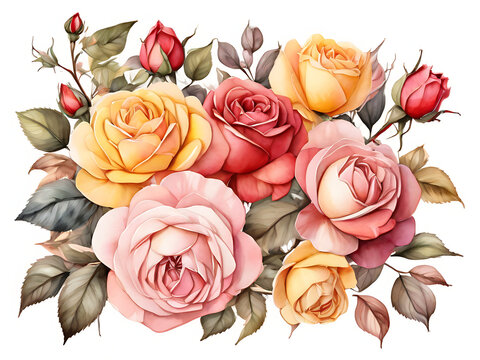 Watercolor bouquet of pastel roses. Flowers element for decoration ,Watercolor painting of a flower arrangement on a white background ,Seamless vertical border floral illustration