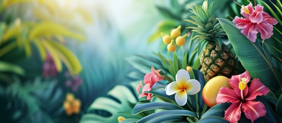 Wall Mural - blooming tropical plants create a beautiful garden with tropical fruits on sunny days.