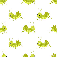 Wall Mural - Seamless simple pattern with cute smiling grasshopper isolated on white background. Funny insect for kids. Flat cartoon vector illustration