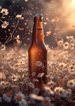 Brown Beer Bottle With White Clear Blank Label And Flowers
