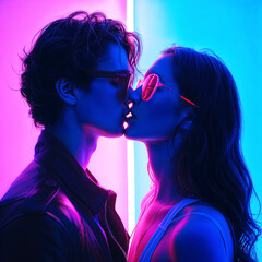 Love in neon light, couple kiss in fluorescent light art, Valentine's day