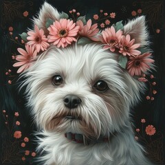 Poster - white dog with a wreath of pink flowers on her head with big green eyes on a pastel black background