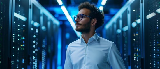 Wall Mural - A youthful, attractive businessman with an engineering background works in the datacenter server room.