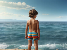 The Boy Is Standing With His Back To The Sea In The Background. Learning To Swim, A Child On The Sea