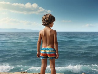 the boy is standing with his back to the sea in the background. learning to swim, a child on the sea