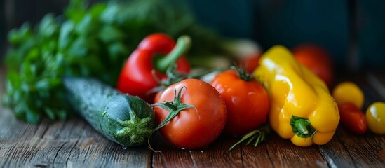 Sticker - Close-up of vegetables on a wooden table, shallow depth of field.