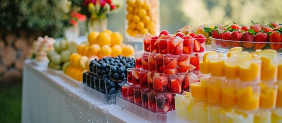 Poster - Candy and fruit bars with lemonade on a party table for weddings and baptisms.