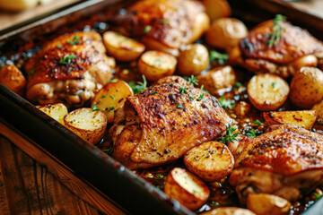 Fried chicken thighs and potatoes in the oven, on a tray on a wooden table