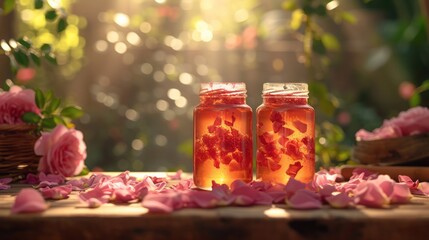 Poster - Close-up of tea rose petals with jam in jars on the table against the backdrop of a natural bright garden -