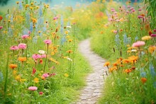 Path Winding Through Lush Meadow Of Multicolored Flowers