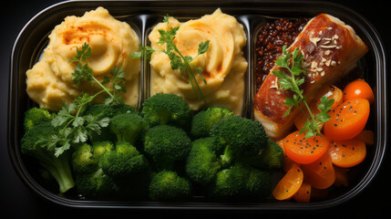 Wall Mural - Healthy food from different components laid out in cells in a lunch box, top view.