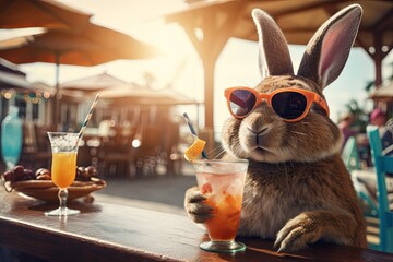 Wall Mural - Cool Easter bunny with sunglasses enjoying a cocktail at the beach bar.