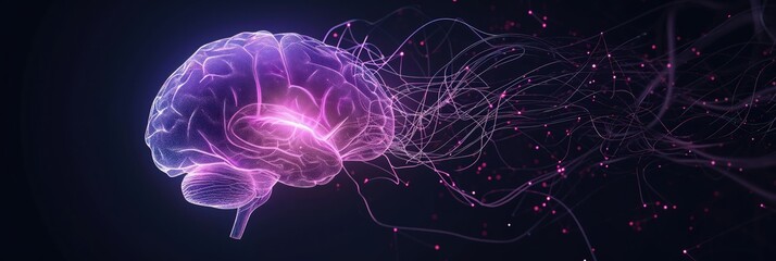 Poster - Dynamic brain model with neural network activity, and vibrant pink highlights on dark background