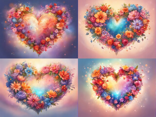 Wall Mural - Set of hearts with colorful flowers.