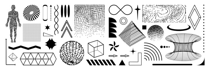 Fototapete - Set of geometric retro shape. Y2k retro-futuristic aesthetic. Bitmap and wireframe elements for banners, social media, poster and flyer design, packaging. Vector like a png.