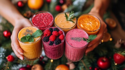 Canvas Print - A holiday scene with a family toasting with glasses filled with colorful smoothies,