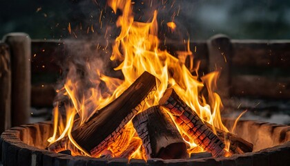 Round fire pit with logs and flames.