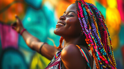 Energetic cool African woman with colourful dreadlocks dancing on the street. Generative AI