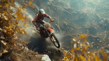 Wall Mural - Motocross. Man, professional motorcyclist in full moto equipment riding crops enduro bike on mountain road at sunset. Generative AI. Concept of motosport, speed, hobby, journey, activity. In action