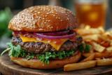 Fototapeta Sport - delicious cheeseburger with melted cheese, fresh lettuce, and onion, served with a side of golden fries, perfect for a savory meal