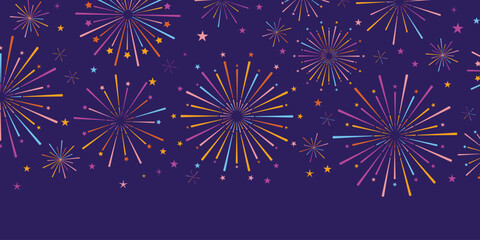 Wall Mural - Colorful firework vector banner, festival or carnival celebration backgorund dark blue with vibrant explosions, party wallpaper