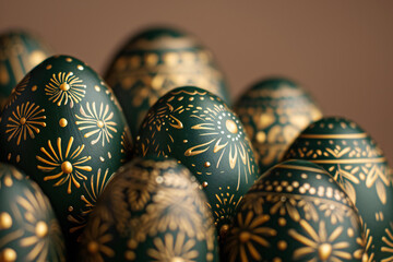 Wall Mural - closeup shot of easter pattern of dark green easter eggs decorated with golden folklore ornaments isolated on brown background