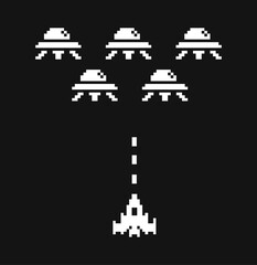 pixel art spaceship vs. aliens , 1-bit black and white icon set. mobile application game design. iso