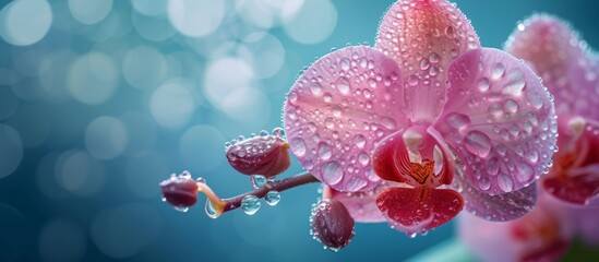 Wall Mural - Neon light illuminates a close-up of a pink Orchid with dew drops on a blue background.