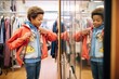 youngster zipping up a jacket in front of a clothes shop mirror