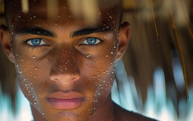 Wall Mural - Young Man With Blue Eyes Reflected in Mirror