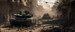 Tanks patrol a desolate urban warzone, evoking the stark reality of conflict amidst the ruins