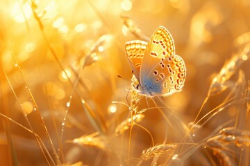 Wall Mural - A beautiful butterfly perched on top of a field covered in green grass. Perfect for nature enthusiasts or those looking for serene and peaceful imagery