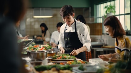 Wall Mural - A male smiling chef conducts a master class on cooking dishes and salads in the kitchen of the restaurant.