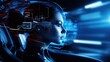 © Acronym - Abstract female robot rides in a self-driving car controlled by an artificial intelligence autopilot. Future technologies, internet of things and smart devices concept.