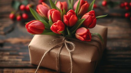 Canvas Print - closeup of gift box wrapped in craft paper and bouquet of tulips, on light modern table.