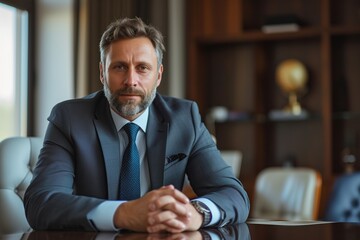 Wall Mural - Portrait of boss sitting in armchair at office in business suit