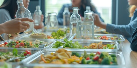 Poster - A group of people gathered around a table enjoying a meal together. Suitable for illustrating family gatherings, dinner parties, or social events