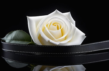 Wall Mural - White rose with black ribbon on a black background.