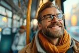 A joyful man using public transportation to work. Generative Ai.