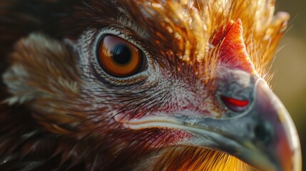 Poster - A close up view of a chicken's face with a blurry background. Suitable for various projects and designs