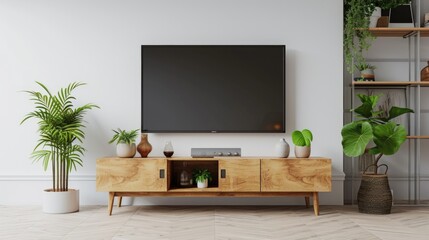 Aufkleber - A contemporary living room featuring a sleek wall-mounted TV. Perfect for interior design inspiration or showcasing home entertainment setups
