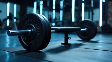 Poster - A barbell sitting on top of a gym floor. Perfect for fitness and workout related designs