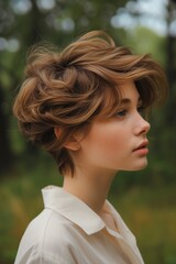 Poster - A woman with short brown hair wearing a white shirt. Suitable for a variety of uses