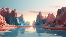 3d Render, Futuristic Landscape With Cliffs And Water. Modern Minimal Abstract Background. Spiritual Zen Wallpaper With Sunset Or Sunrise Light. Generative, Ai.