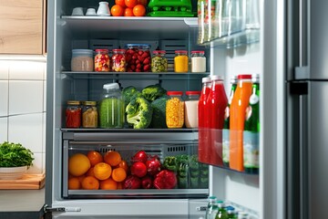 Poster - A refrigerator filled with a diverse selection of food. Ideal for illustrating food storage, grocery shopping, or healthy eating concepts