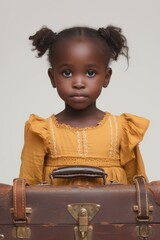 Poster - A little girl is holding a brown suitcase. Perfect for travel and adventure themes